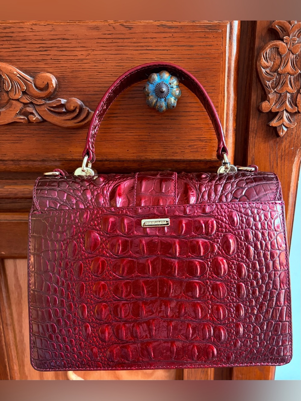 Brahmin Red Croc-Embossed Satchel with Swarovski Wreath Buckle, and Bird Charm - Picture 8 of 12